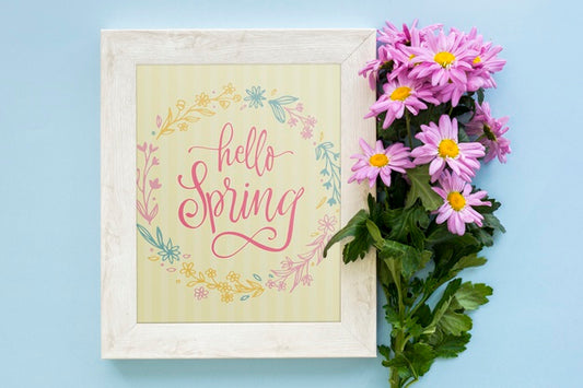 Free Flat Lay Frame Mockup With Spring Flowers Psd
