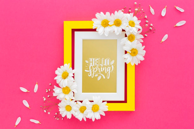 Free Flat Lay Frame Mockup With Spring Flowers Psd