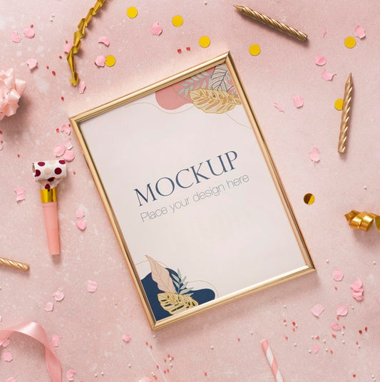 Free Flat Lay Of Elegant Birthday Frame With Confetti And Candle Psd