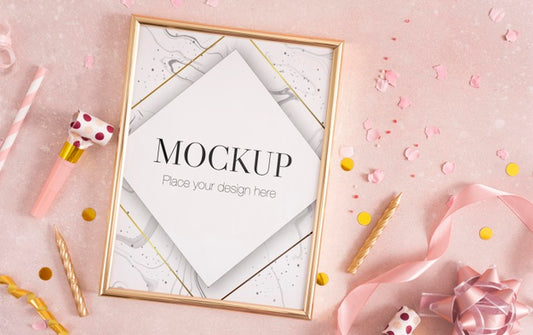 Free Flat Lay Of Elegant Birthday Frame With Ribbon And Candle Psd