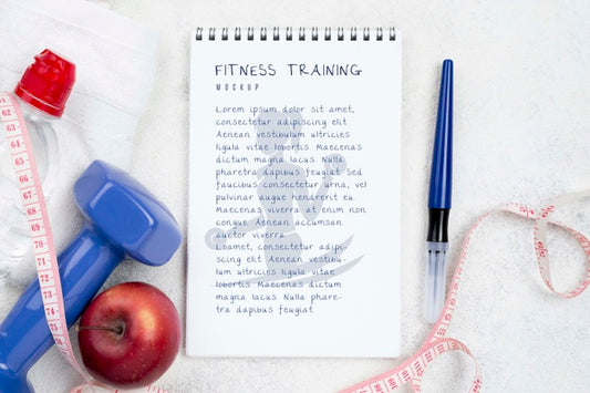 Free Flat Lay Of Fitness Notebook With Measuring Tape And Weight Psd