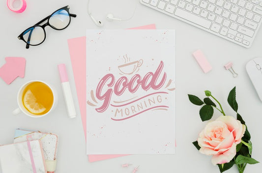 Free Flat Lay Stationery Paper Mock-Up With Pink Rose Psd