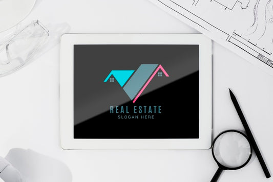 Free Flat Lay Tablet Mock-Up With Architectural Tools Psd
