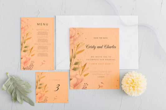 Free Flat Lay Wedding Invitation With Flowers Psd
