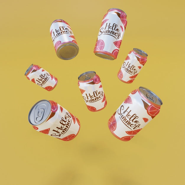 Free Floating Fruit Soda Cans With Yellow Background Psd