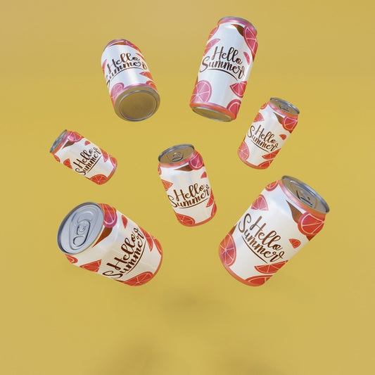 Free Floating Fruit Soda Cans With Yellow Background Psd