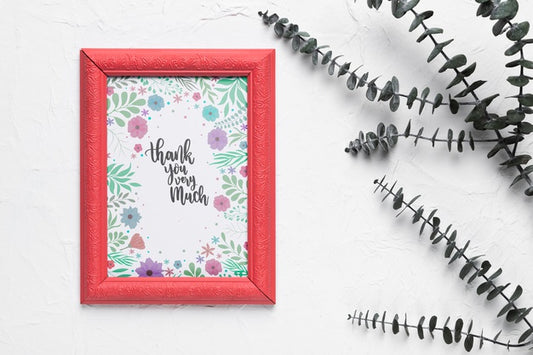 Free Frame Mock-Up With Plant In Flat Lay Psd