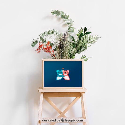 Free Frame Mockup On Stool With Flowers Psd