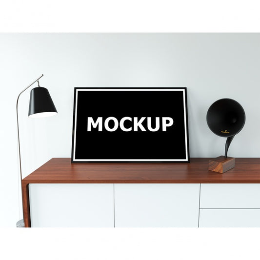 Free Frame Mockup On Table With Lamp Psd
