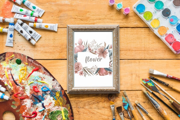 Free Frame Mockup With Paint Materials Psd