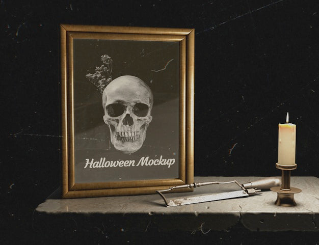 Free Front View Halloween Mock-Up Frame With Skull Psd
