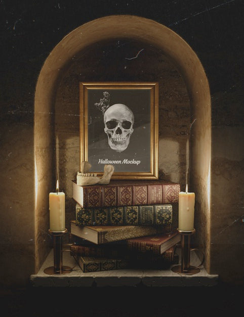 Free Front View Mock-Up Frame With Skull And Pile Of Books Psd