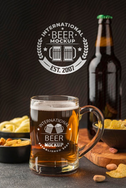 Free Front View Of Beer Pint And Bottle With Assortment Of Snacks Psd