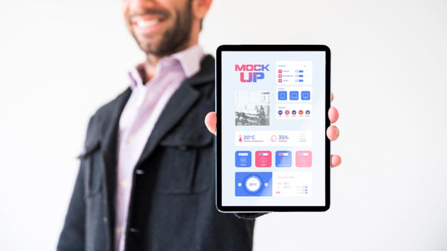 Free Front View Of Businessman Holding Tablet Psd
