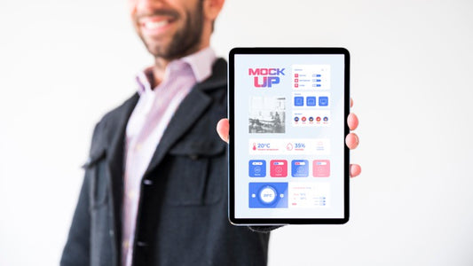 Free Front View Of Businessman Holding Tablet Psd