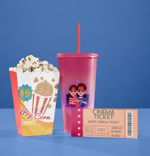 Free Front View Of Cinema Cup With Straw And Popcorn Psd