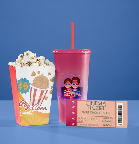 Free Front View Of Cinema Cup With Straw And Popcorn Psd