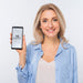 Free Front View Of Smiley Blonde Woman Holding Smartphone Psd
