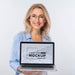 Free Front View Of Smiley Woman With Glasses Holding Laptop Psd