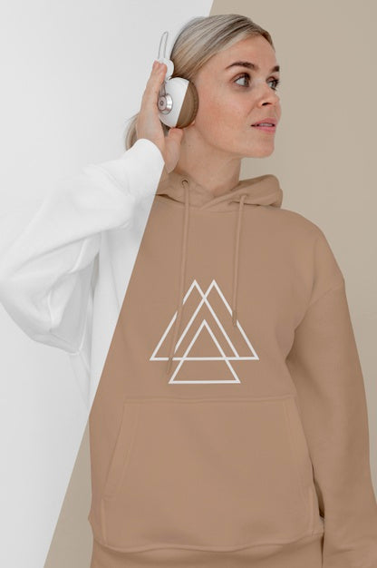 Free Front View Of Stylish Woman In Hoodie With Headphones Psd