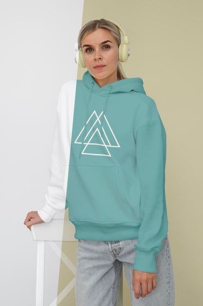 Free Front View Of Stylish Woman In Hoodie With Headphones Psd