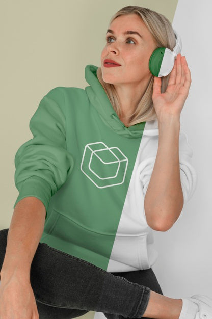 Free Front View Of Stylish Woman In Hoodie With Headphones Psd