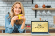 Free Front View Of Woman In The Kitchen With Coffee And Laptop Psd