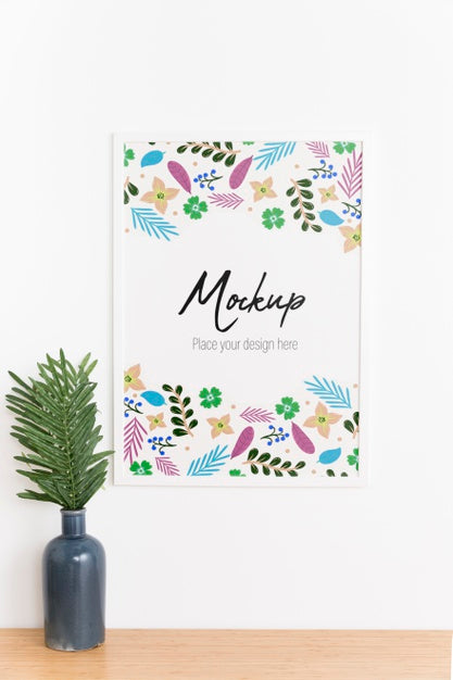 Free Front View White Mock-Up Frame On White Wall Inside Psd