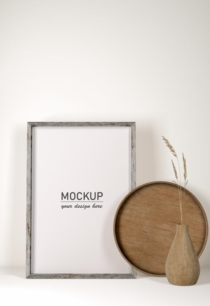Free Front View Wooden Tray With Frame And Vase Psd