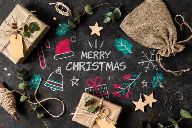 Free Gifts On Drawn Table With Christmas Theme Psd