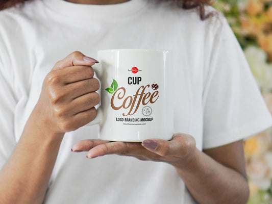 Free Girl Holding Coffee Cup For Logo Branding Mockup