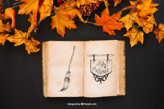 Free Halloween Mockup With Autumn Leaves And Book Psd