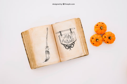 Free Halloween Mockup With Book And Pumpkins Psd