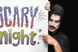 Free Halloween Mockup With Lettering On Big Board And Man Psd