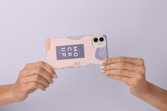 Free Hands Holding Smartphone With Mock-Up Phone Case Psd