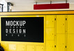 Free Hanging Red Sign Mockup Above Yellow Luggage Locker Psd