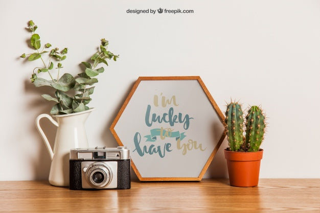 Free Hexagonal Frame Mockup On Table Psd