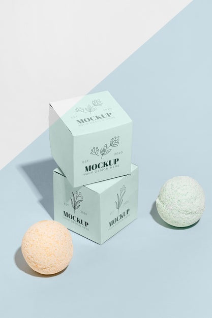 Free High Angle Blue Boxes And Bath Bombs Psd