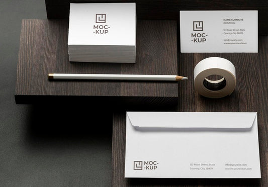 Free High Angle Mock-Up Stationery On Wood Composition Psd
