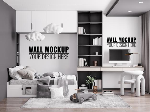 Free Interior Kids Bedroom Wall Mockup Psd