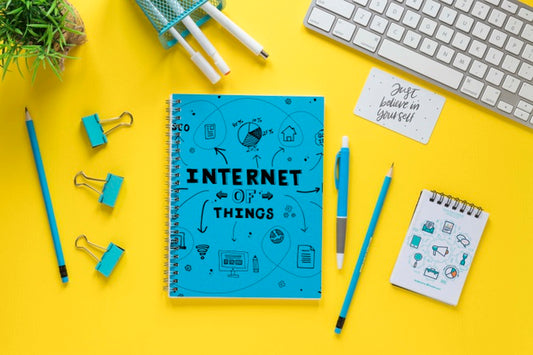 Free Keyboard And Notebook Mock-Up On Yellow Background Psd