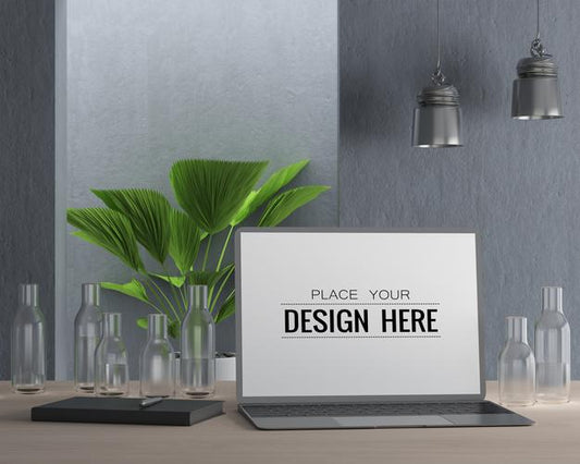 Free Laptop On Desk In Work Space Psd Mockup Psd