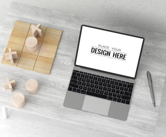 Free Laptop On Desk In Work Space Psd Mockup Psd