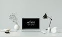 Free Laptop On Desk In Workspace Mockup Psd