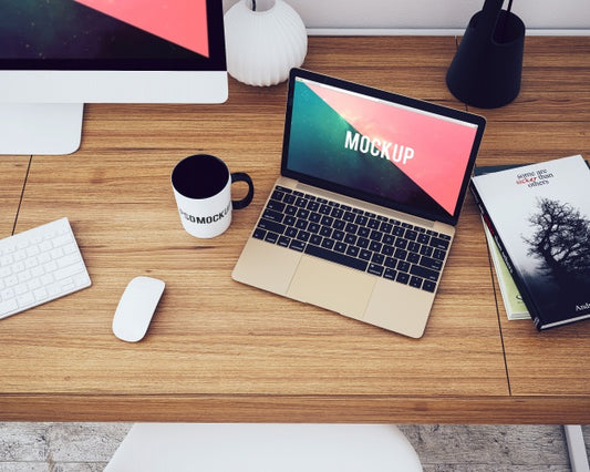 Free Laptop On Desktop Top View Mock Up Psd