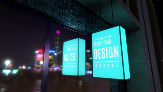 Free Light Blue Night Business Sign Mock-Up Psd