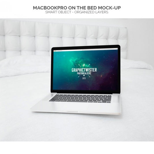 Free Macbook On The Bed Mock-Up Psd