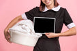Free Maid With Towel Holding Tablet Mock-Up Psd