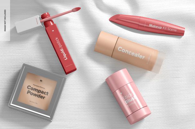 Free Makeup Kit Scene Mockup, Top View Psd