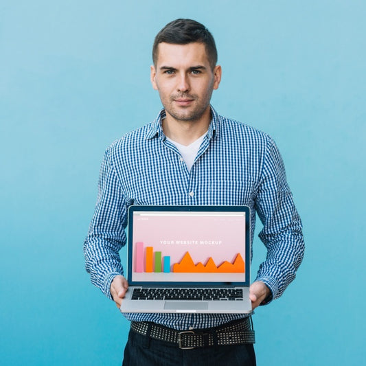 Free Man Presenting Laptop Mockup Psd